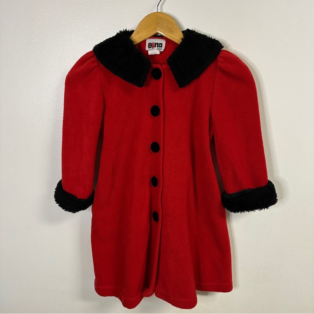 Vintage Girls Red Fleece Coat with Black Faux Fur Collar